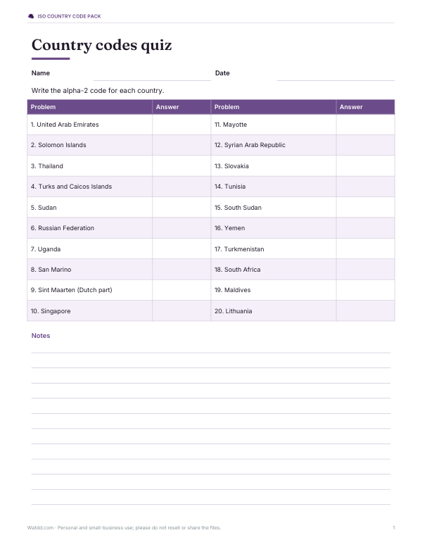 Preview of Printable ISO Country Code Quiz